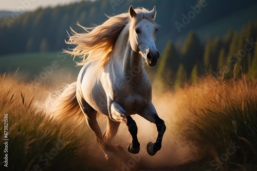 Serenity in Motion: White Horse's Grace Against a Peaceful Landscape