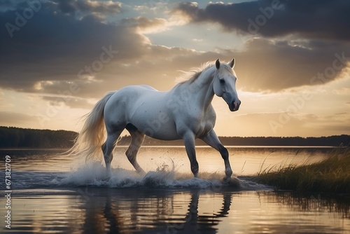 Aquatic Grace  White Horse s Water Dance in Nature s Embrace