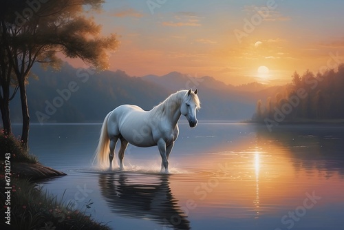 Majestic White Horse Beside a Serene Magical Lake  A Vision of Tranquility