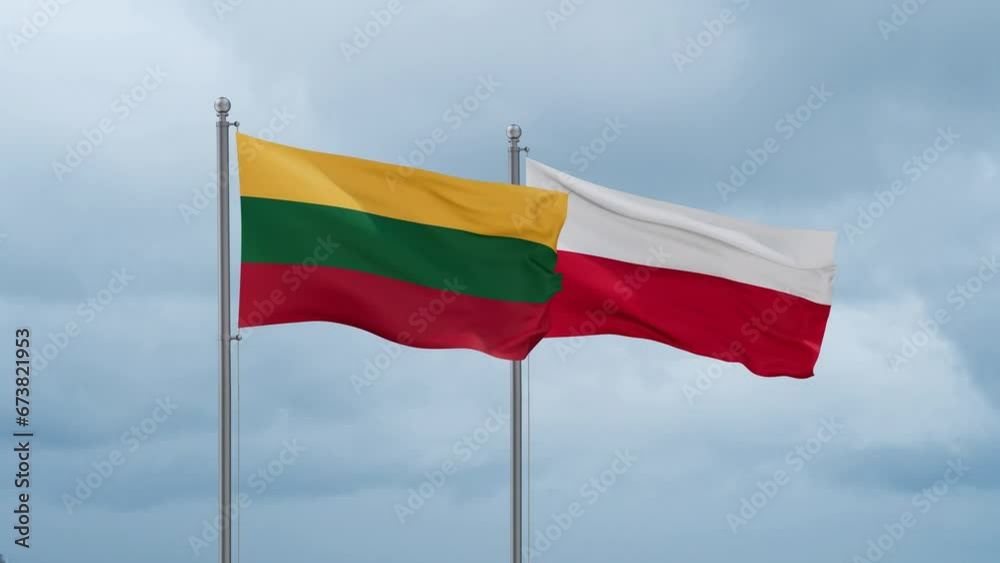 Poland and Lithuania flag waving together on cloudy sky, endless seamless loop, two country cooperation concept Poland and Lithuania flag waving together on cloudy sky, endless seamless loop, two country cooperation concept