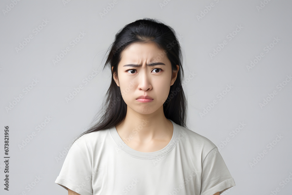 Sad Asian young adult woman portrait on light grey background. Neural network generated photorealistic image. Not based on any actual person or scene. Sad Asian young adult woman portrait on light grey background. Neural network generated photorealistic image. Not based on any actual person or scene.