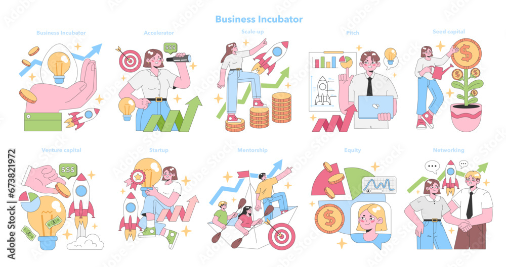 Business Incubator set. Characters navigate startup growth from idea to success. Venture capital, mentorship, equity, and networking moments. Scale-up, pitch, and seed capital. vector illustration
