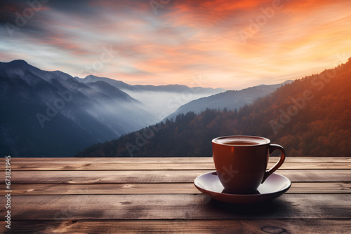 Hot cup of coffee with mountain background at sunrise 