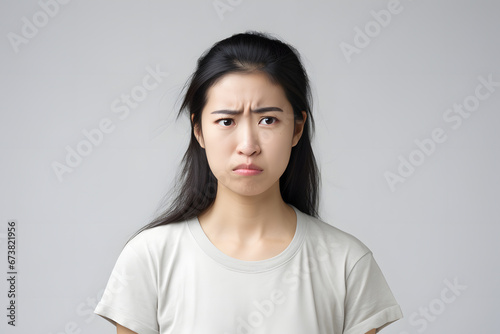 Sad Asian young adult woman portrait on light grey background. Neural network generated photorealistic image. Not based on any actual person or scene.