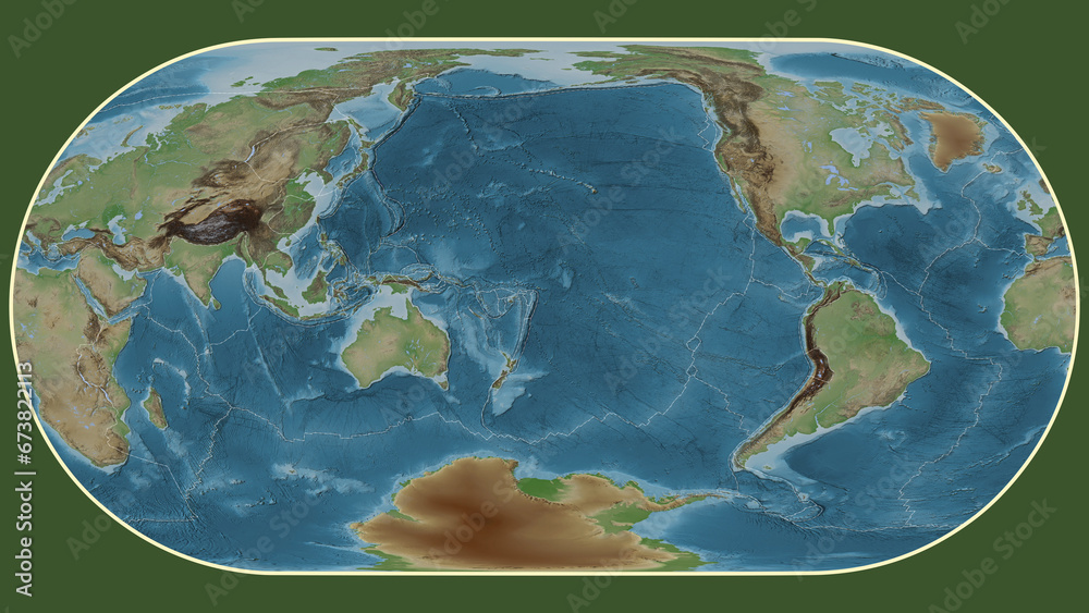 Tonga plate - global map. Eckert III. Topografic
