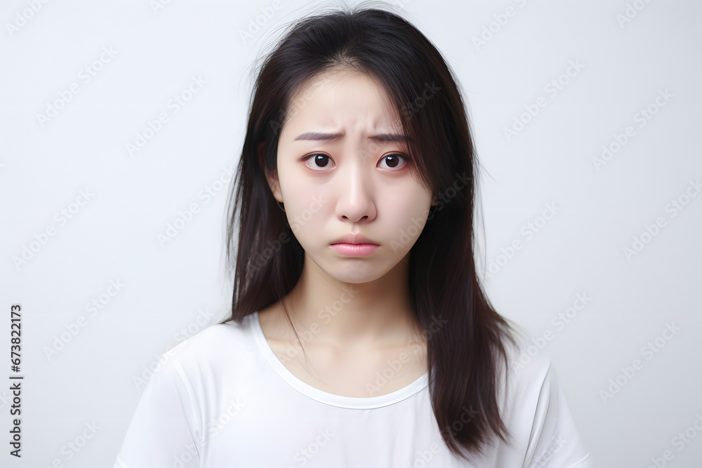 Sad crying Asian young adult woman portrait on white background. Neural network generated photorealistic image. Not based on any actual person or scene. Sad crying Asian young adult woman portrait on white background. Neural network generated photorealistic image. Not based on any actual person or scene.