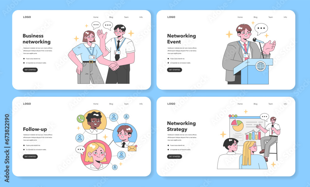 Networking set. Business connections grow. Professionals discuss at an event. Key contact after meeting. Strategy presentation. Collaboration in workspace. Flat vector illustration