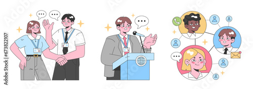Corporate Communication set. Engaged employees discussing, speaker presenting, and digital connections. Face-to-face interaction, virtual meetings. Sharing ideas. Flat vector illustration.