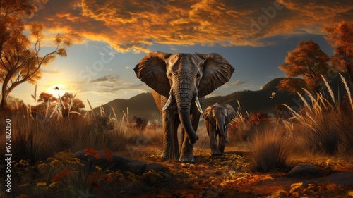 African elephant family in front of the stunning savanna sky at sunset