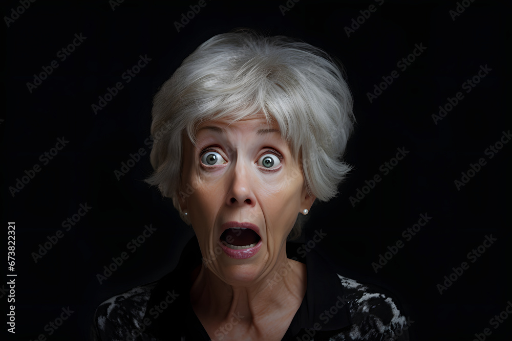 Surprised gray-haired Caucasian woman on black background. Neural network generated image. Not based on any actual person or scene. Surprised gray-haired Caucasian woman on black background. Neural network generated image. Not based on any actual person or scene.