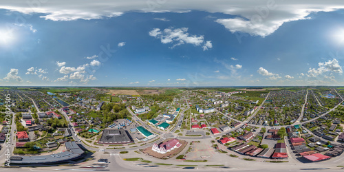 aerial hdri 360 panorama view from great height on buildings, churches and center market square of provincial city in equirectangular seamless spherical  projection. use as sky replacement for drone photo