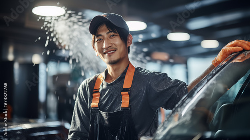 An Asian male car wash employee stands and smiles, wearing a car wash uniform and orange car washing gloves. In the car wash service center