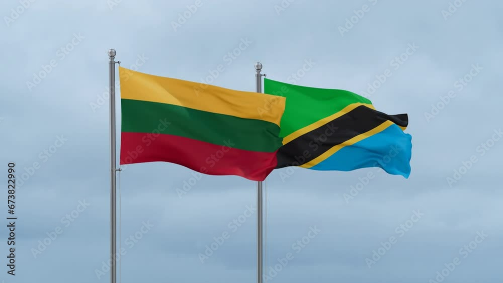 Tanzania and Lithuania flag waving together on cloudy sky, endless seamless loop, two country cooperation concept Tanzania and Lithuania flag waving together on cloudy sky, endless seamless loop, two country cooperation concept