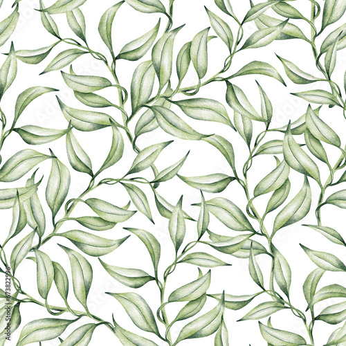 Seamless watercolor floral pattern - green leaves and branches composition on white background, perfect for wallpapers, postcards, greeting cards, wedding invitations, romantic events.