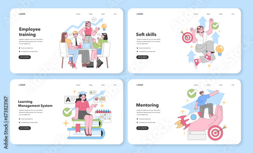 Professional development set. Engaging workshops, communication prowess, streamlined learning platforms, guidance for success. Drive ambition, unlock potential. Flat vector illustration