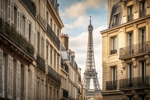 Parisian facades with Eiffel Tower. Generative AI © Melisende