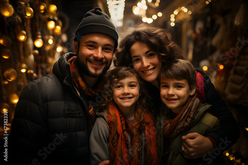 A family consisting of parents and two children taking a selfie at Christmas with a background of out-of-focus lights.