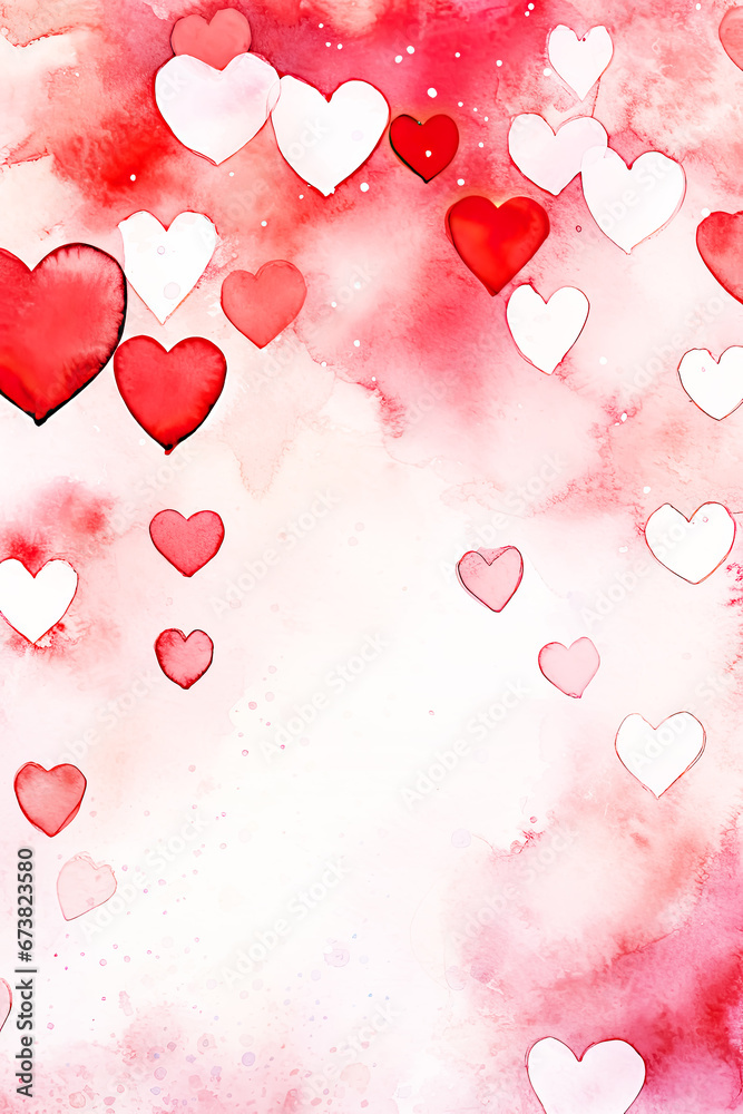 Watercolor Red Heart Confetti Background with copy space, Romantic Backgrounds