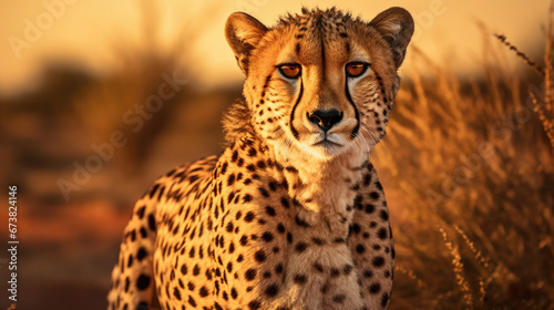 One adult cheetah full body side view of her leaping over tall yellow grass in soft afternoon light in Savuti Botswana photo