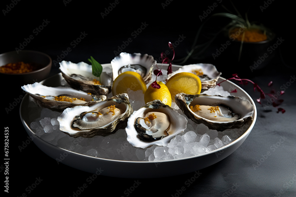 Fresh Oysters on Ice: A Gourmet Experience in a Dark, Elegant Setting, ai generative