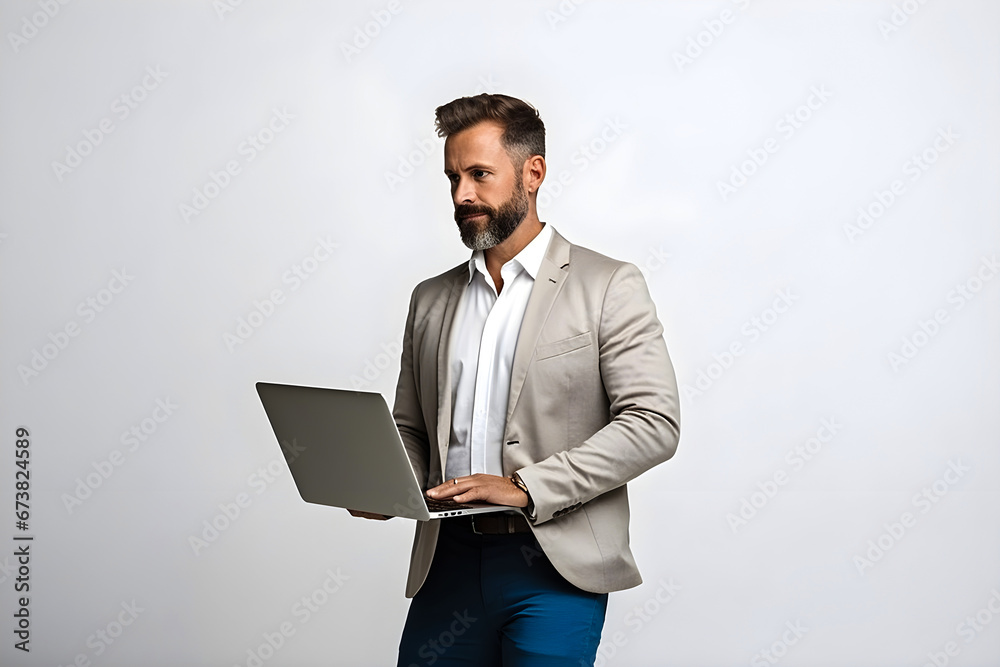 Confident Male Entrepreneur Analyzing Report on Laptop (White Background) Confident Male Entrepreneur Analyzing Report on Laptop (White Background)