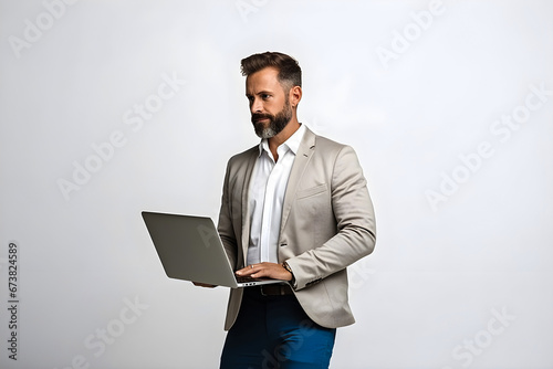 Confident Male Entrepreneur Analyzing Report on Laptop (White Background)