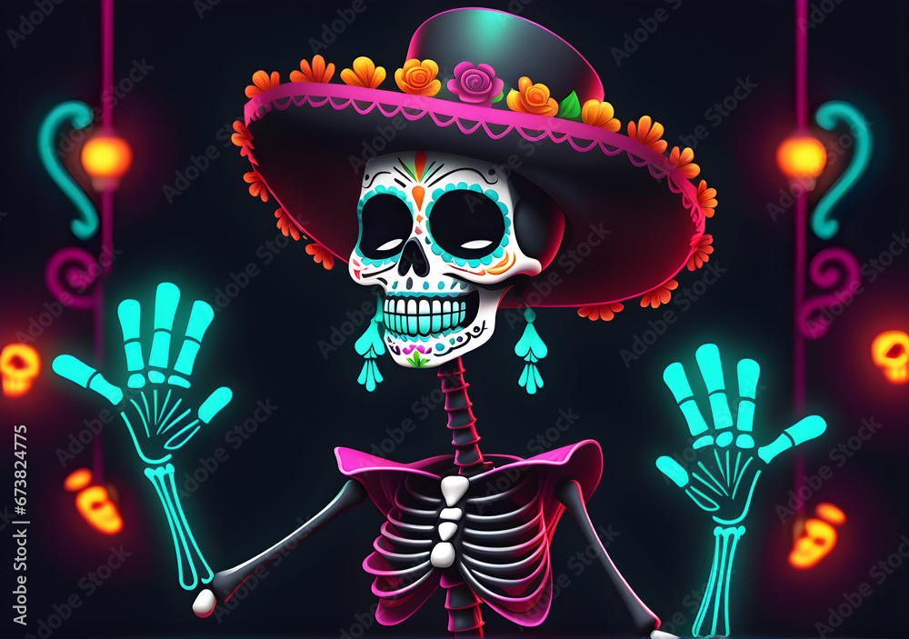 Funny Day of the dead skull dancing. Dia de los muertos element decorations. Generative AI Funny Day of the dead skull dancing. Dia de los muertos element decorations. Generative AI