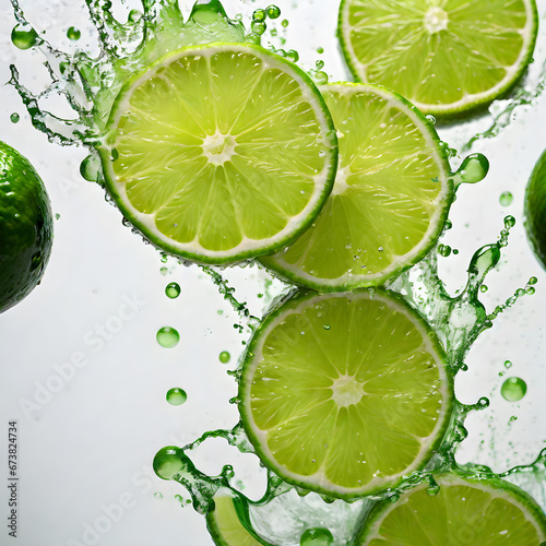 fresh lime and splashes of water on a white background. ai generative