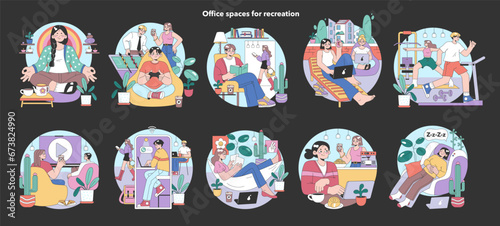 Office recreation set. Employees unwind in cozy zones. Meditation, board games, reading corners. Casual chats, workouts, and naps. Creativity blooms in relaxation. Flat vector illustration