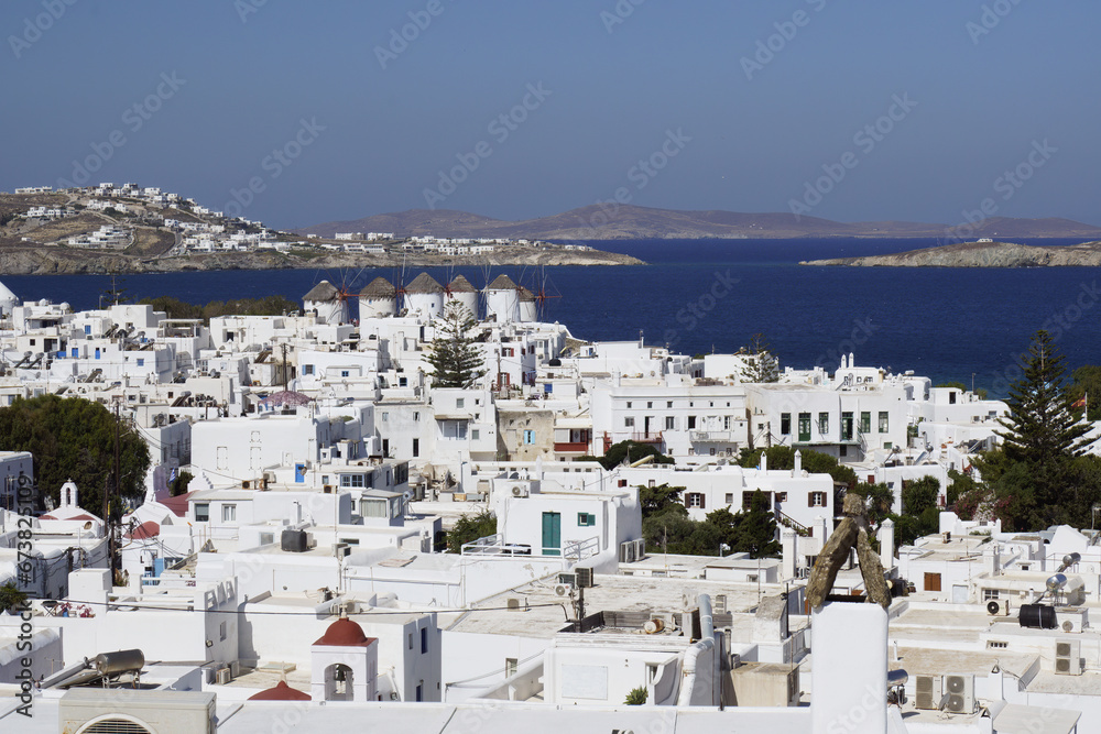 view of Mykonos with its mills
