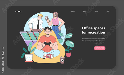 Modern office break time scene. Colleagues enjoying leisure activities - playing table soccer, sipping coffee, and video gaming. Relaxed workspace vibe. Flat vector illustration