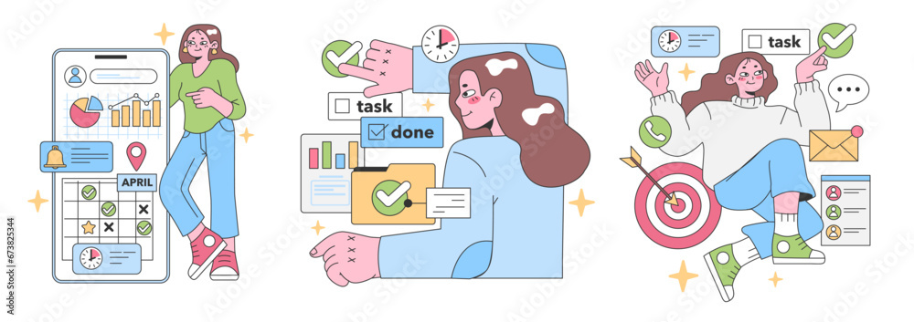 Productivity set. A woman interacts with data-driven elements, charts, and task management. Calendar planning, goal achievement, email communication. Joyful task completion. Flat vector illustration Productivity set. A woman interacts with data-driven elements, charts, and task management. Calendar planning, goal achievement, email communication. Joyful task completion. Flat vector illustration