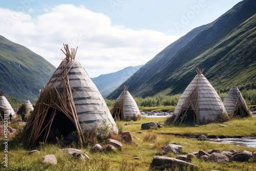 Native American wigwams in mountains