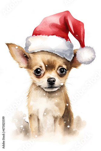 Cute chihuahua dog with Christmas hat and snowflakes. Watercolour style over white background.