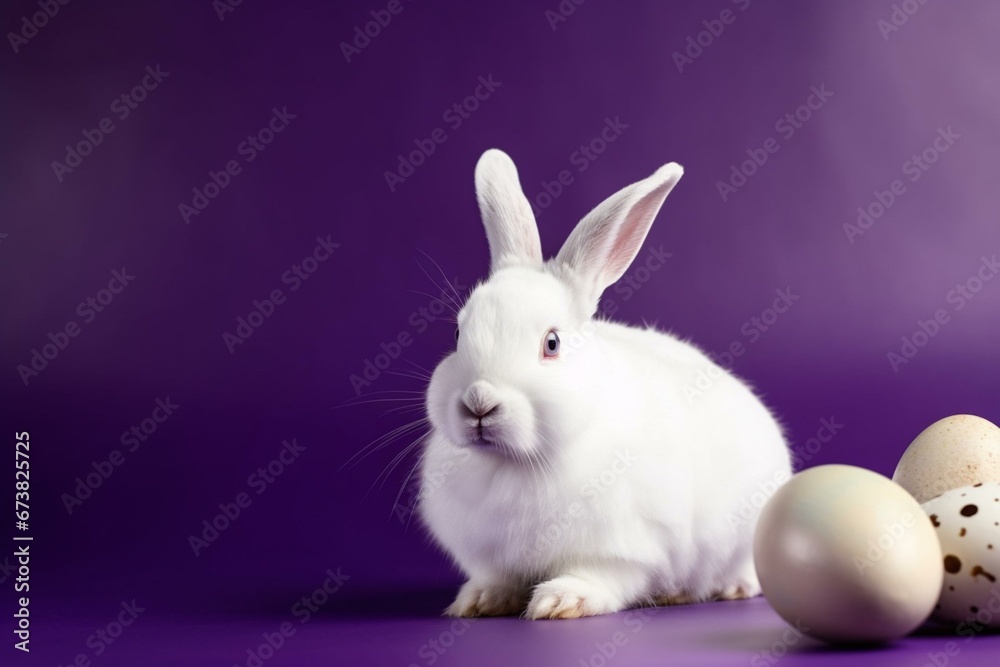 White rabbit with metallic Easter eggs on violet background. Generative AI