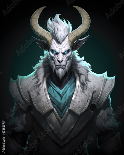 Evil creature with horns on a dark background. Fantasy illustration
