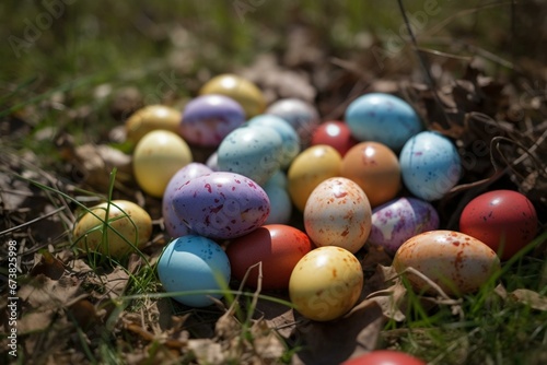 Easter eggs scattered in the garden. Generative AI