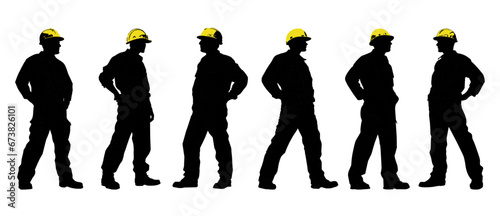 Construction worker poses wearing helmet and work overall. Warehouse worker in uniform. Transparent PNG. Retro clipart. Worker silhouette set. Abstract vector illustration isolated on white