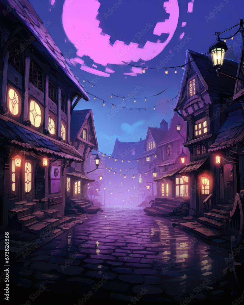 Fantasy illustration of a street in an old town at night