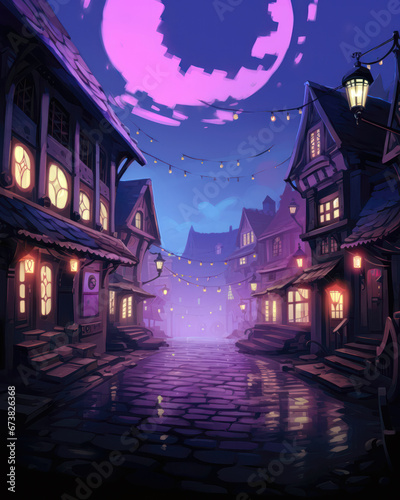 Fantasy illustration of a street in an old town at night © Lohan