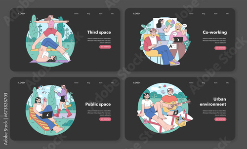 Third place night or dark mode web banner or landing page set. Social surroundings. Community life building, people interaction and communication zone. Flat vector illustration