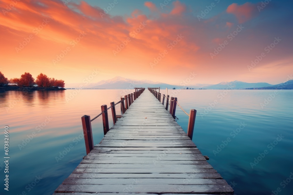 A Solitary Dock in the Serene Reflection of a Tranquil Lake