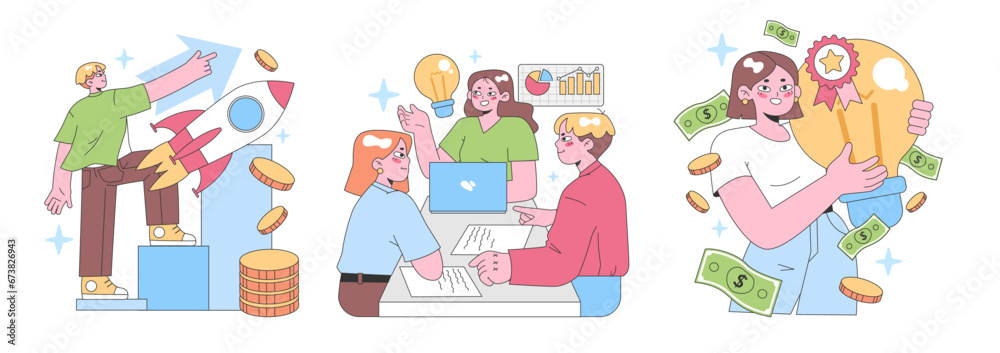 Business Growth set. Dynamic launch, bright ideas fuel success. Team collaboration boosts results. Celebrating profitable achievements. Flat vector illustration