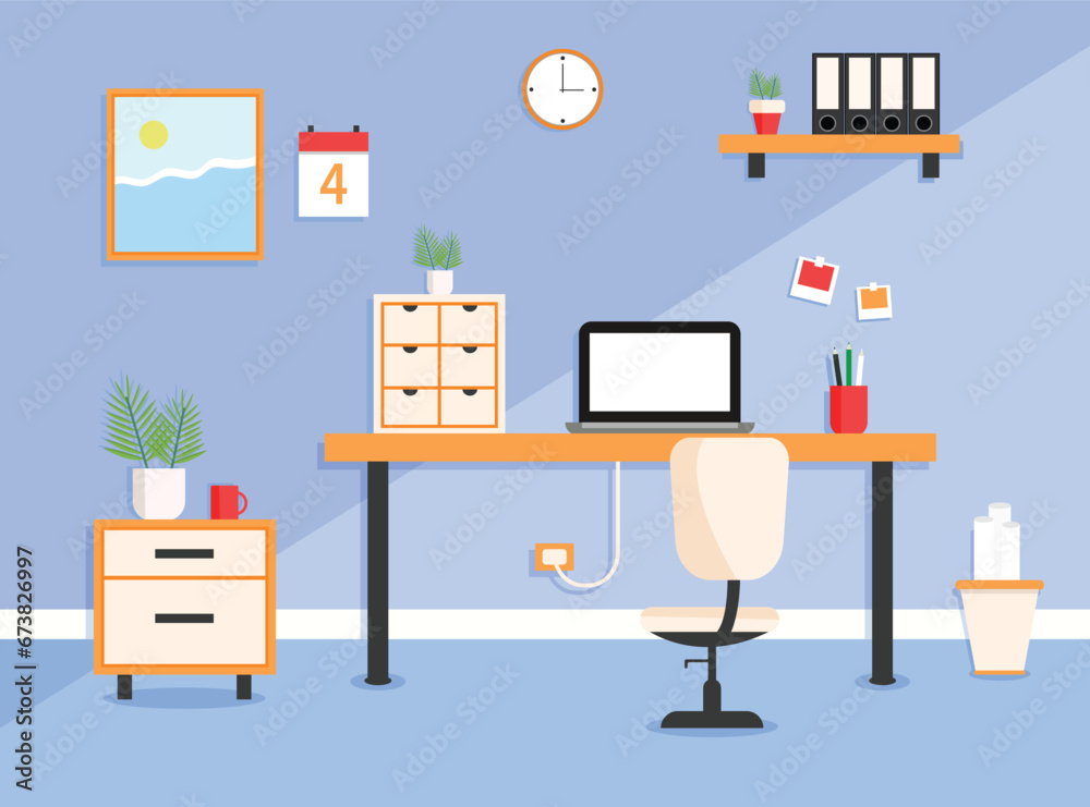 Modern office workplace interior. Desk with laptop, chair, cabinet, flower, stationery, document papers, calendar, cup, clock. Professional business workplace Vector illustration in flat style.
Modern office workplace interior. Desk with laptop, chair, cabinet, flower, stationery, document papers, calendar, cup, clock. Professional business workplace Vector illustration in flat style.