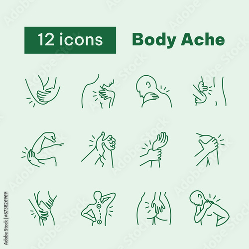 Set of icons Body Ache, hand pain, shoulder, neck, hip, wrist, palm, elbow, knee, back, rib, and wrist joint, spine