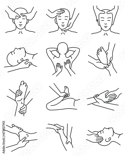 Set of linear icons of Massage and Manual Therapy.  with Outline icon style