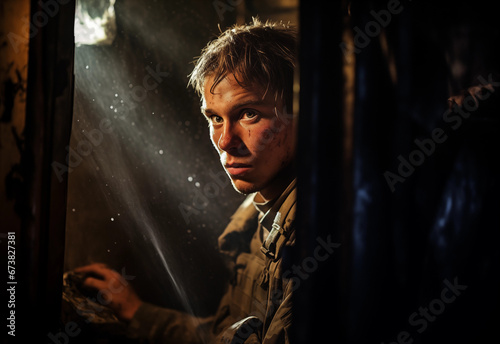 Portrait of a soldier in the dark with slight injuries to his face, worried, questioning, courageous expression on his face