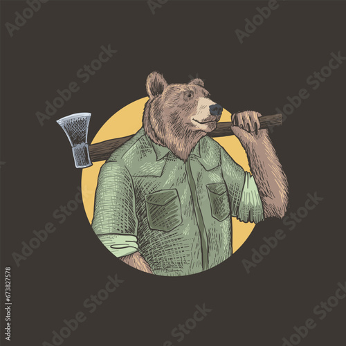 Illustration of a lumberjack bear icon on a black background. Wild free slogan, vintage style for t-shirts and logos