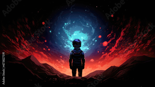Fantasy scene with a young boy in space