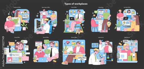 Workplace variety set. Diverse office spaces and environments portrayed. Traditional to virtual, shared spaces and labs. Cozy home offices, bustling coworking hubs. Flat vector illustration